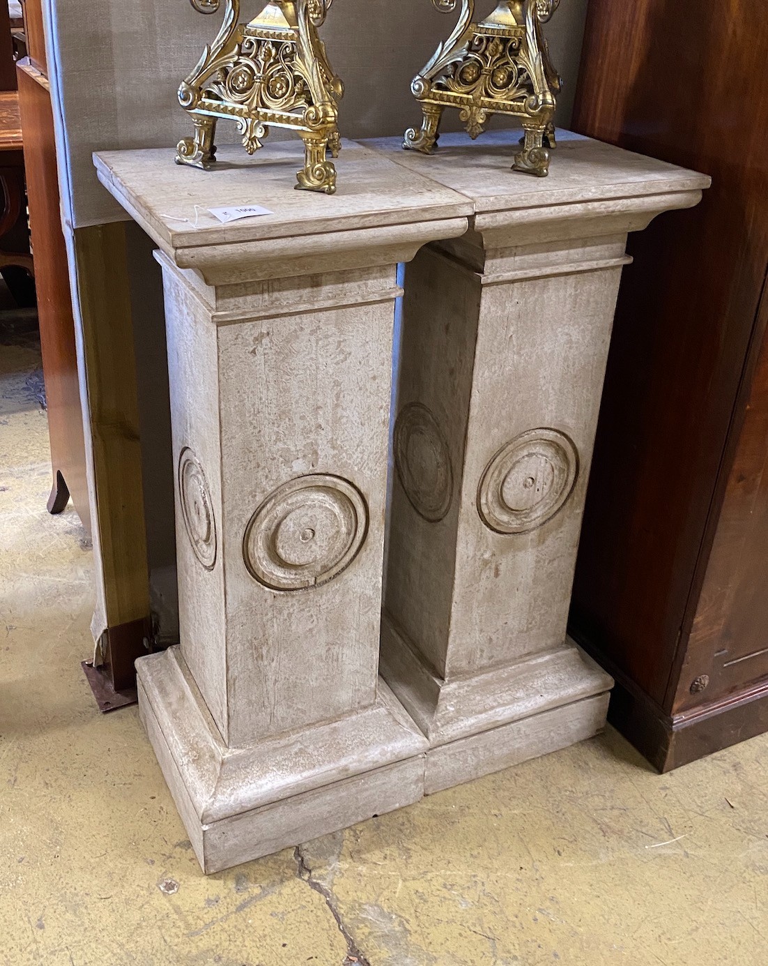 A pair of painted oak pedestals, width 39cm, height 101cm